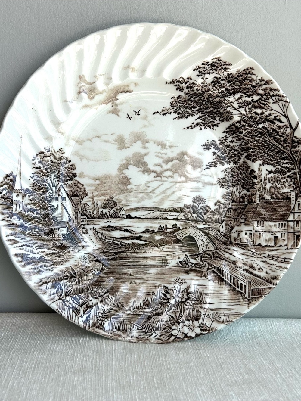 (4) Ridgeway “Country Days” brown/white transferware dinner plates England